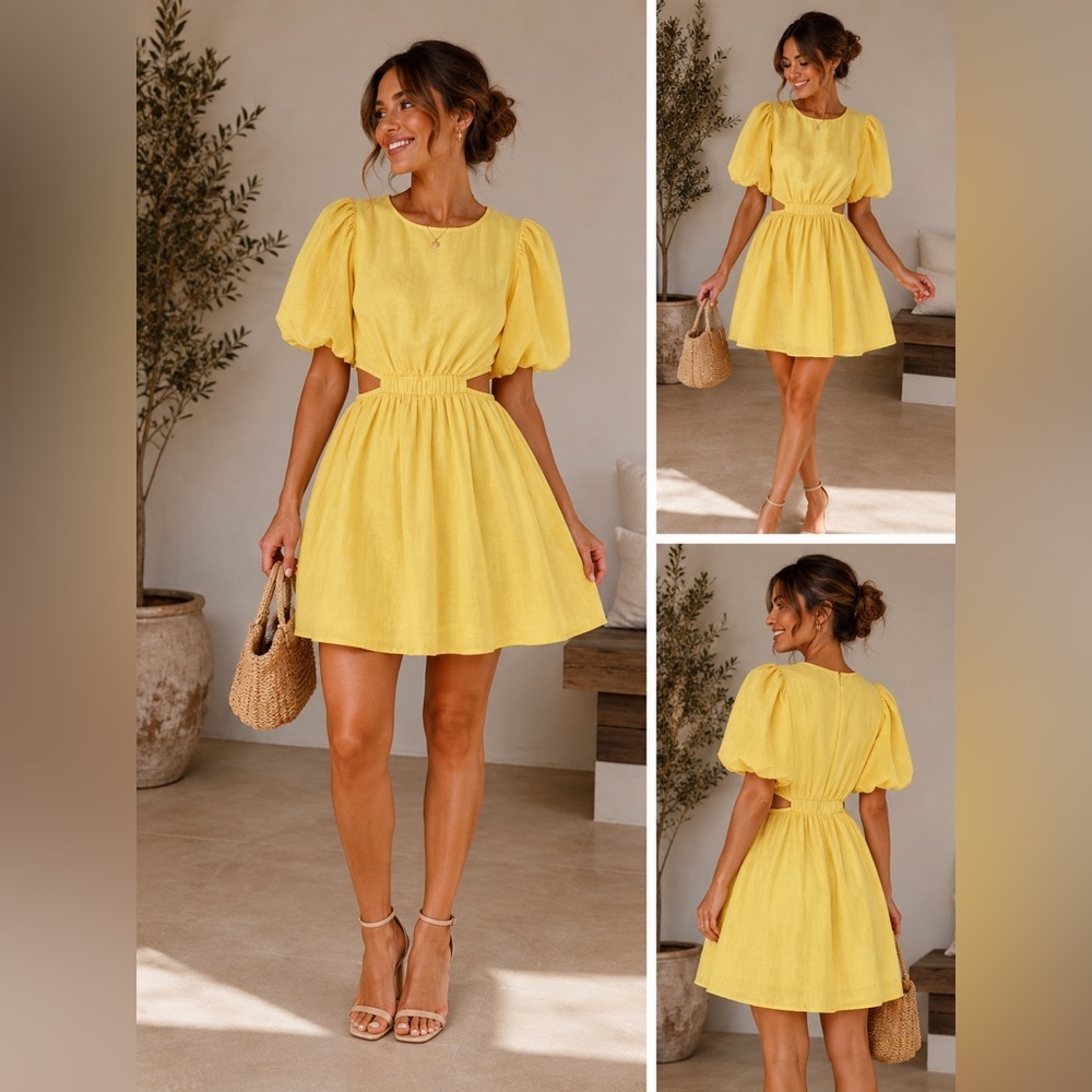 Yellow Puff-Sleeve Cutout Mini Dress